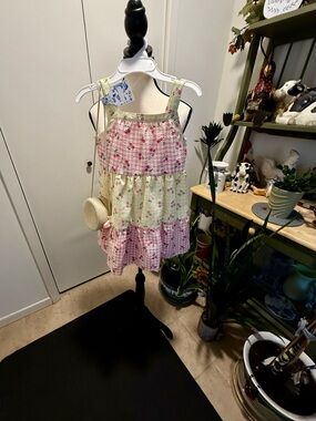 NWT Btween Pink and Yellow Dress with Cherry Print and Matching Woven Bag